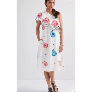 Anthropologie White One-Shoulder Midi Dress with Pink & Blue Floral Embroidery